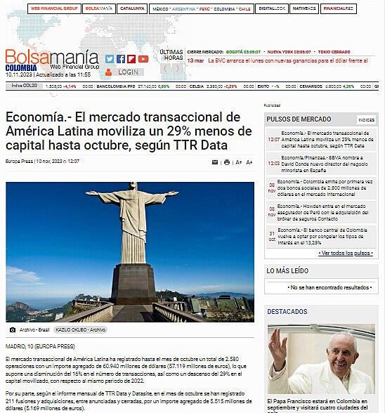 Economa.- El mercado transaccional de Amrica Latina moviliza un 29% menos de capital hasta octubre, segn TTR Data